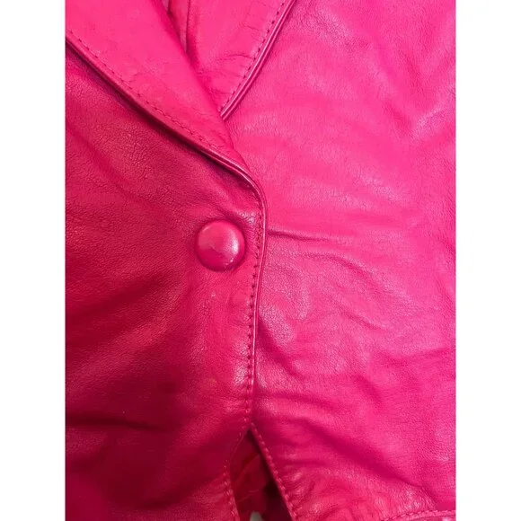 Vintage CHIA Hot Pink Leather Cropped Jacket With Button Closure & Belted Waist - Picture 7 of 8